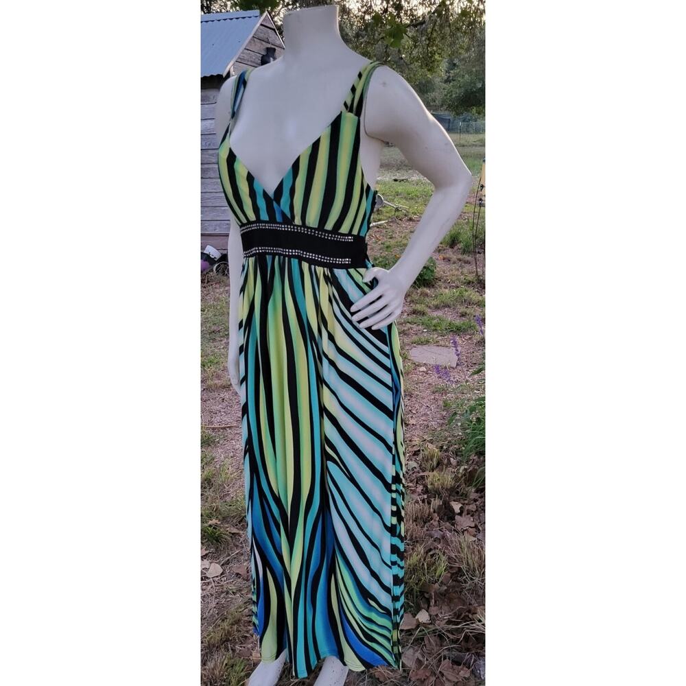 Studio West Sz. M Dress Boho Hippie Stretch Knit Blue Green Yellow Maxi Fun